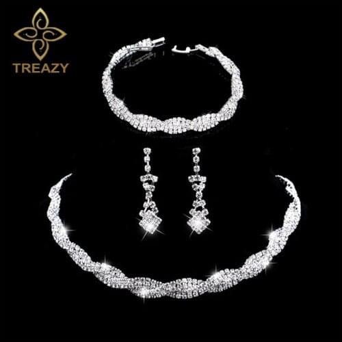 Dazzling Silver Plated Rhinestone Crystal Wedding Jewelry Set Choker Necklace Earrings Bracelet Set Charm Bridal Jewelry Sets