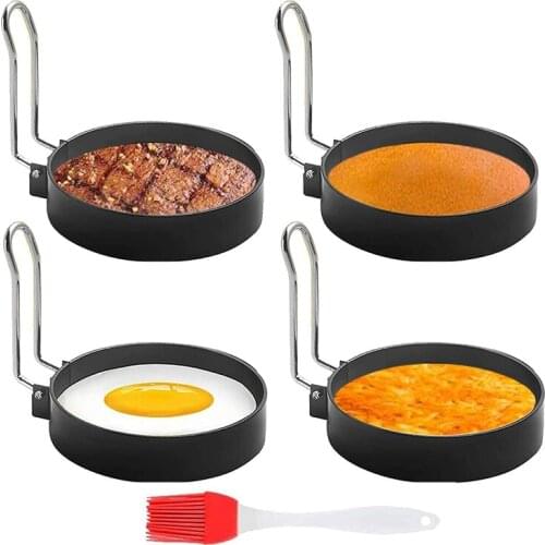 Round Egg Ring Set for Frying or Shaping Eggs Non Stick Round Breakfast Egg Maker Molds with Oil Brush