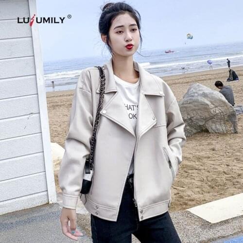 Lusumily Spring Autumn Pu Faux Leather Jacket Women Casual Black Zipper Slim Short Biker Jackets Female Coat Loose Outwear