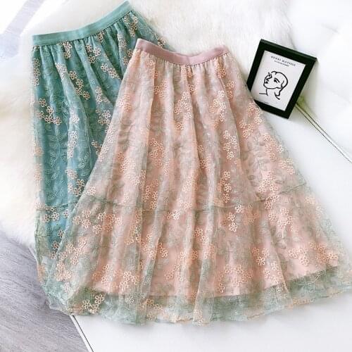 Summer Fluffy Skirt Women 2021 New Simple Embroidered Mesh Skirt Elastic High Waist Big Swing A-line Long Skirt Free Shipping