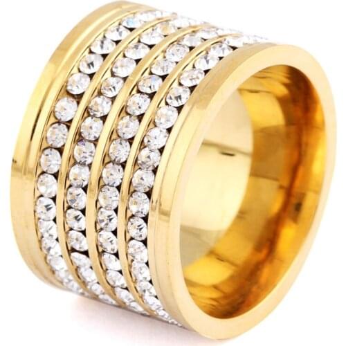 Monla shining full 4 Row Crystal rhinestone Gold Stainless Steel Couple Wedding rings for men and Women