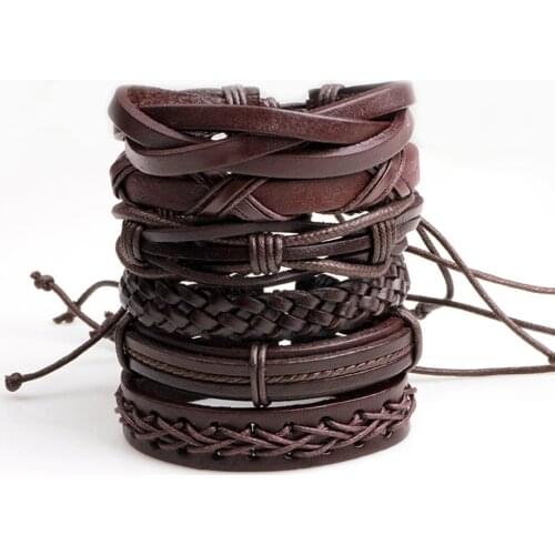 6pcs/lot Handmade Braided Men Multilayer Casual Bracelets Bangles Black PU Leather Stylish Jewelry Accessories 2019 New