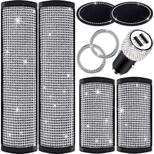 9Pcs Bling Car Accessories Set, Crystal Seat Belt Cover, Bling Door Handle Cover, USB Car Charger, Bling Cup Coasters