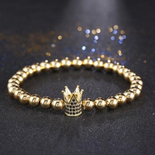 New Arrival Unisex Zircon bracelet 6mm Copper Beads stretch Bracelets 4color Micro Pave CZ Charm Crown For Women Men Jewelry