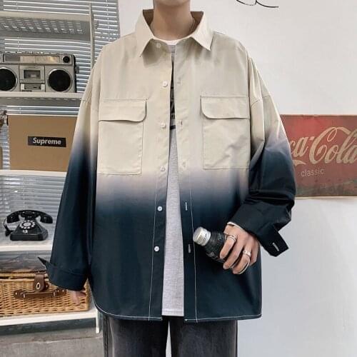 Autumn Cotton Gradient Shirt Mens Fashion Retro Casual Shirt Men Streetwear Wild Loose Tie-dye Long-sleeved Shirts Mens S-2XL