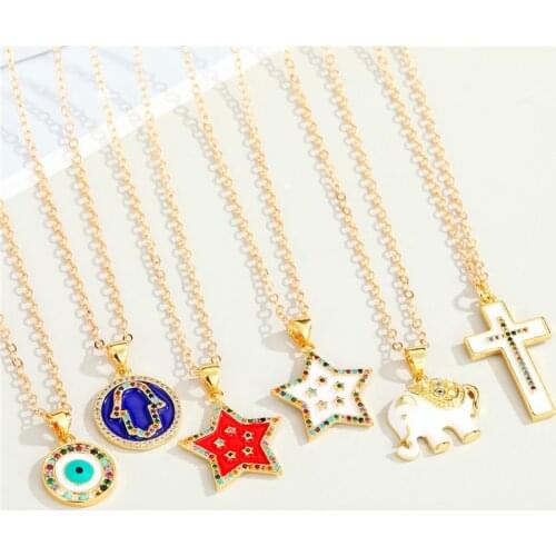 1Pcs Hamsa Hand Evil Eye Animal Necklace For Women Gift Jewelry Bohemia Vintage Shiny Elephant Cross Star Pendant Clavicle Chain