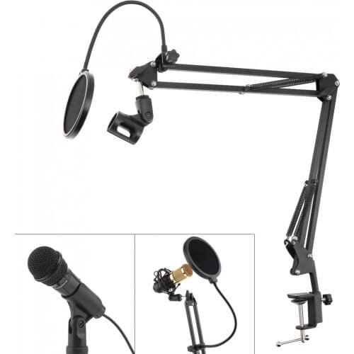 Professional Condenser Microphone Holder Bracket Adjustable Table Clip with Microphone Pop Filter for Live Broadcast Karaoke