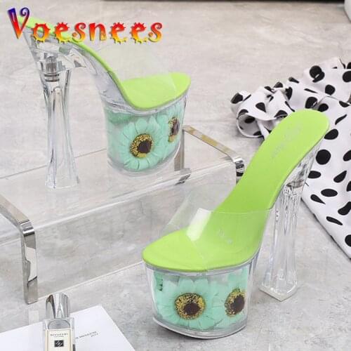 Women Model Shoes Thick Super High heels 17cm Sunflower Waterproof Fishmouth Sandals Transparent Crystal Shoes Wedding Sho