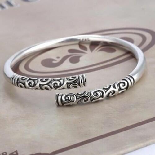 Silver Vintage Cuff Bracelet Women Chinese Movie Monkey King Relief Golden Cudgel Adjustable Bracelet Men Thai Silver Jewelry