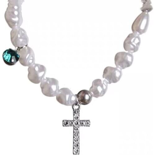 Rhinestone Cross Charm Pendants Fashion Necklace Simulated Irregular Pearls Crystals Simply Necklace for Women Jewelry