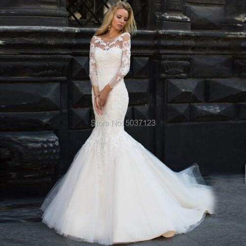 Long Sleeves Mermaid Wedding Dresses Scoop Zipper Vestido De Noiva Lace Appliques Bridal Gown Court Train Marriage