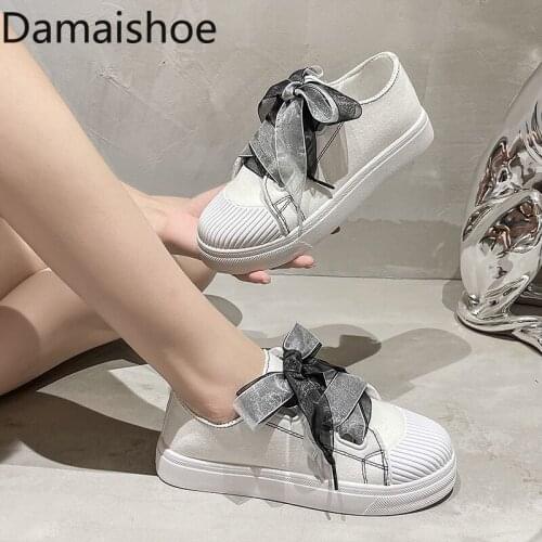 Summer Autumn New Fashion Canvas White Shoes Womens Board Shoes Bow Bandage Flats Shoes Breathable Sports Schoolgirl Shoes Tide