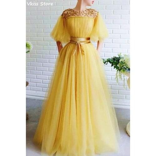 Yellow Evening Dress O-neck Half Fluffy Sleeves A-line Floor Length Bead Sequin Simple Elegant Prom Dress платья знаменитостей