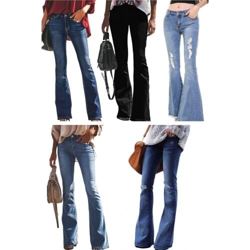 Womens Girls Flare Jeans High Waist Solid Color Pants Bell Bottom Wide Leg Denim Long Trousers 2020 New Fashion Explosion
