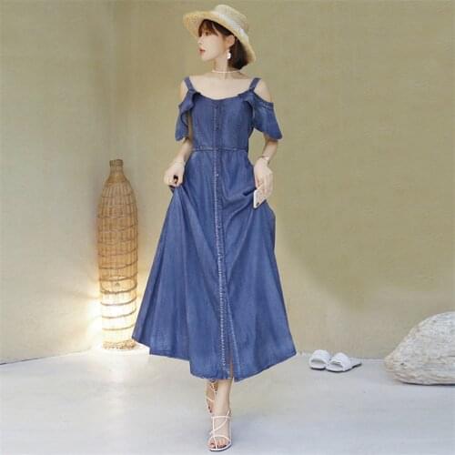 Summer Women Denim Dress 2020 Vintage Girls Dresses Off-shoulder Single Breasted Swing Hem Vestidos Female Dress 2228