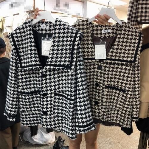 2020 autumn and winter new navy collar houndstooth loose woolen coat student short woolen coat women trend