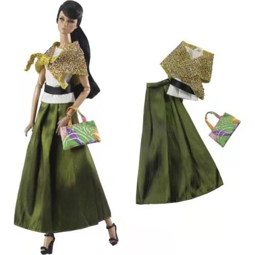11.5" Fashion Emerald Skirt White Sleeveless Shirts Handbag Doll Clothes For Barbie Doll Outfits Set 1/6 BJD Dolls Accessories