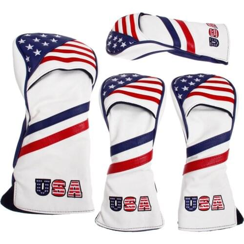 4 Pcs PU Golf Wood Headcover With USA Stars & Stripes Flag Style For 1 Driver Cover & 2 Fairway & 1 Hybrid Club Head Covers Set