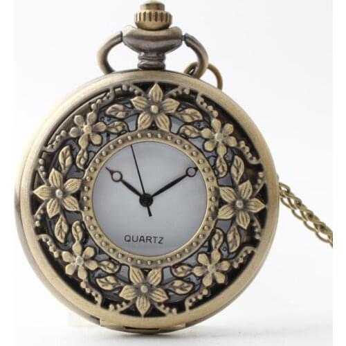 50pcs/lot Bronze Hollowed Flower Quartz Pocket Watch Necklace Pendant Gift Watches Men Women Watches Hot Sell