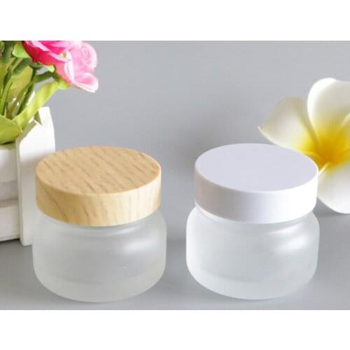50g Bamboo Cap Wood Lid Glass Frosted White Cosmetic Cream Packaging Bottles for Makeup Eye Face Skin Care Lotion Mask 6pcs/lot