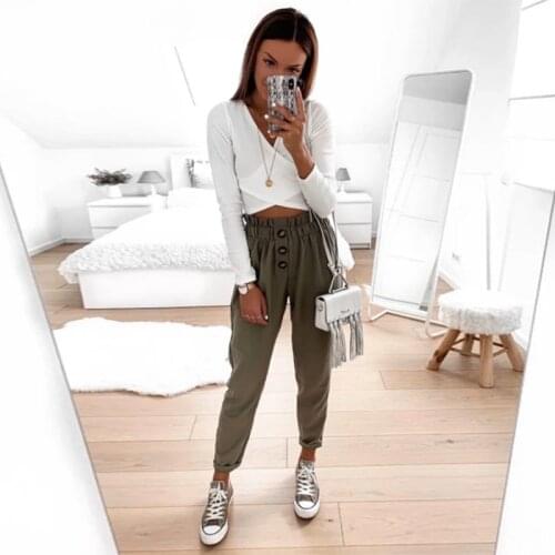 Vintage Women Pants Solid Elastic High Waist Sashes Elegant Pants Autumn Winter New Fashion Casual Button Ankle-Length Pant 2021