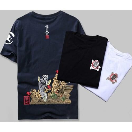 Japanese style Summer 2017 Men Brand Clothing Fashion Carp fish Print T-Shirt 100% Cotton Short Sleeve Fitness T Shirt