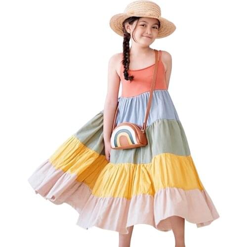 Cathery Toddler Kids Baby Girl Dresses Summer Halter Bohe Maxi Dress Outfit Rainbow Striped Tutu Skirt Sunsuit Beachwear Clothes