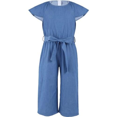 Fashion Baby Girls Denim Jumpsuit Kids Summer Flying Sleeve Overalls Trousers Children Casual Loose Romper Jumpsuit Playsuit