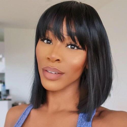 Full Machine Straight Short Bob Wig With Bangs Natural Black Brazilian Remy Human Hair Wigs 150% Density Middle Ratio Bob Wig