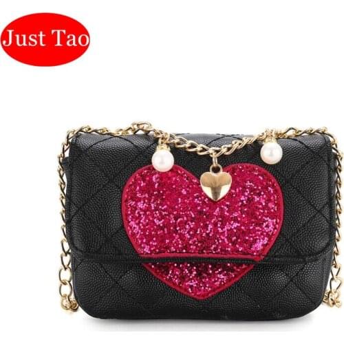 Just Tao! Childrens Cute Heart Chain shoulder bags Kids Small leather purse Girls Valentines Day gift Bags Wallets JT059