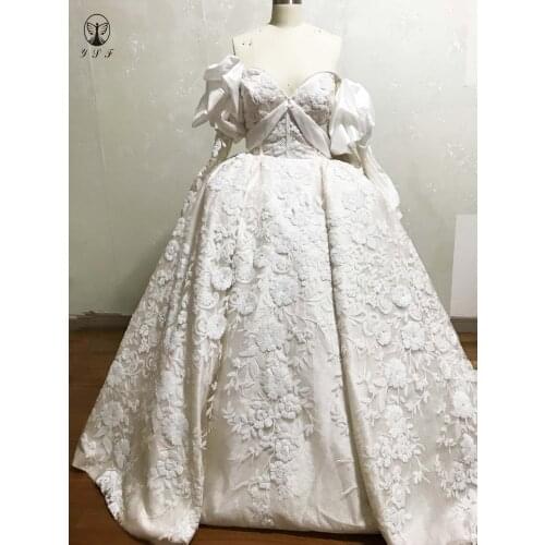 Luxury Robe De Mariee Off the Shoulder Sweetheart Long Sleeve Pleated Ball Gown Lace Princess Wedding Dresses