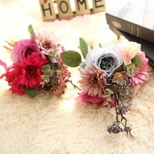2 Color Silk Rose African Daisy Hybrid Artificial Flower Bridal Bouquet Wedding Decoration DIY Fake Flowers