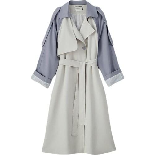 Trench Coat Female Spring Autumn Korean Long Lapel Stitching Contrast Color Women Windbreaker Loose Casual Fashion Ladies Cloak