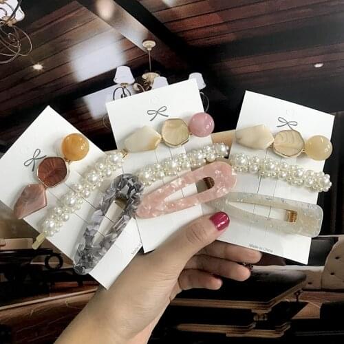 Trendy Pearl Flower Hair Barrettes Set Vintage Marble Pattern Bead Hairclip For Women Girl Bling Waterdrop Hair Pins Accessories