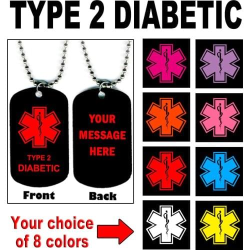 High quality custom DIABETIC TYPE 2 MEDICAL ALERT NECKLACE Black aluminum dog tag cheap 8 Colors MEDICAL ALERT Dog Tag