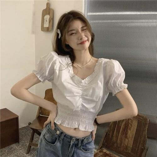 Shirt Women French V-neck White Puff Sleeve Short-sleeved Shirt Womens Design Sense Niche Summer New Korean Style Top