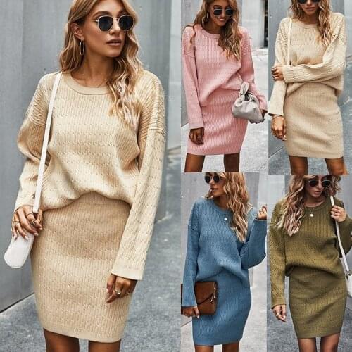 Streetwear Fashion Women Sets Autumn Winter Sweater Suits Casual Long Sleeve Crop Top and Skirt Two Piece Sets dress sets