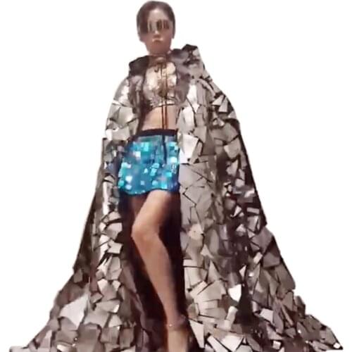 Glitter Silver Mirror Cloak Dance Costume Women GoGo Party Dress Men Bar Rave Nightclub Mirror Costume Show Performance Clothing