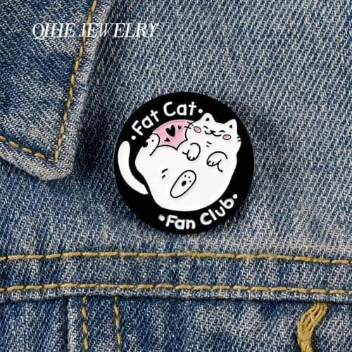 QIHE JEWELRY Fat Cat Club Happy Face Brooches Pins pet lover Hard Enamel Metal Pins Denim Clothes Fun Badges Pins Friends Gifts
