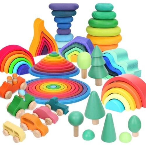 Baby Toys 12Pcs 6pcs Rainbow Blocks Wooden Toys Large Rainbow Stacker Wave Flame Earth Montessori Educational Toy Educational