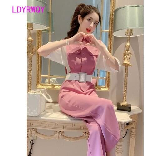 LDYRWQY Pink jumpsuit womens summer long small incense wind jumpsuit waist waist temperament goddess wide-leg pants