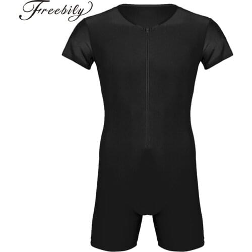Newest Mens One-piece swimsuit Short Sleeve Front Zipper Boxer Briefs Bodysuit Leotard Underwear Male Swim Wear