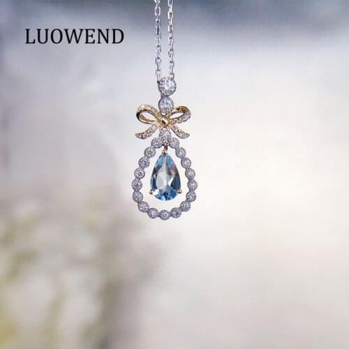 ANI 18K Solid White Gold Pendant Necklace Real Natural Diamond Fine Jewelry Women Engagement Necklace Blue Sapphire Butterfly