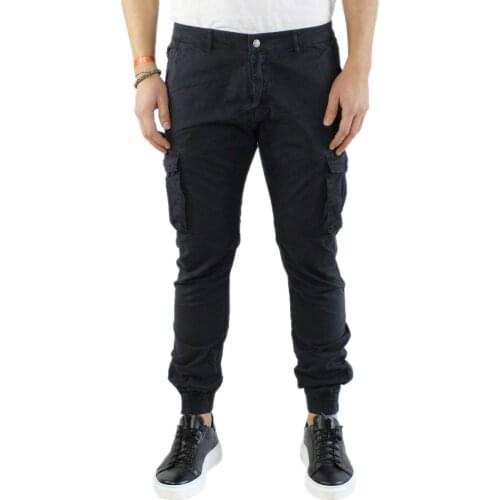 Man Cargo pants blue cotton side pockets Slim Fit pants with big pockets elastic ankles