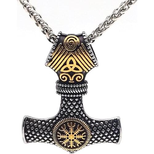 Men Nordic Rune Viking thor hammer vegvisir Mjolnir pendant necklace Stainless steel Jewelry With Gift Bag