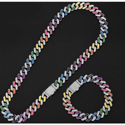 13mm Iced Out Cuban Necklace Chain Hip Hop Jewelry Choker Colour Rhinestone CZ Clasp For Mens Rapper Necklaces Link A Set Of