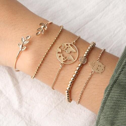 2021 New Bohemian Bracelet Set For Women Fashion Carved Leaf Hollow Metal Beads Chains Charm Bangle Boho Trend Jewelry Gift