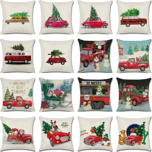 Merry Christmas Tree Cushion Cover Red Car Truck Snowman Printing Linen Sofa Pillow Covers Home Decoration 45*45cm Pillowcase