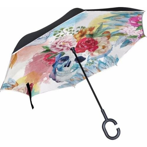 Novelty Poker Skull with Flower Windproof Double Layer Inverted Umbrella Rain Protection Car Reverse Umbrellas C-shaped Hand