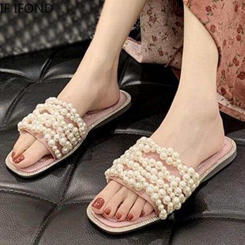 IF IFOND Luxury Pearl Crystal Indoor Slippers Women Comfort Cotton Open Toe Flat Slider Woman Outdoor Casual Female Sandals